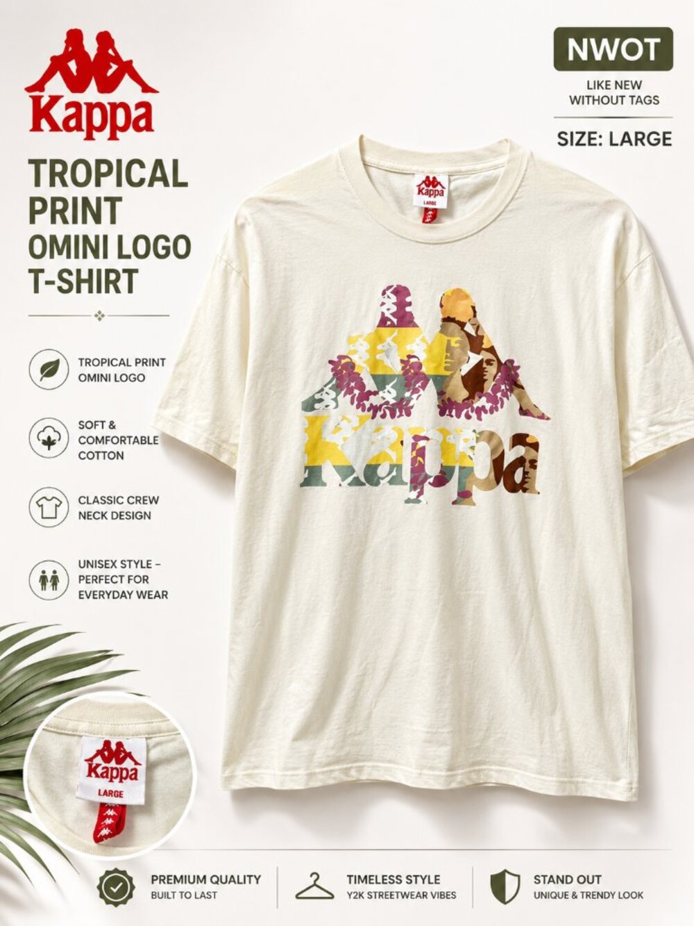 NWOT Kappa Tropical Print Omini Logo T-Shirt Cream Men's Size L